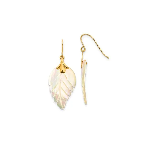 14K Yellow Gold Madi K Mother of Pearl Leaf Dangle Earrings Raleigh Diamond Fine Jewelry Raleigh, NC