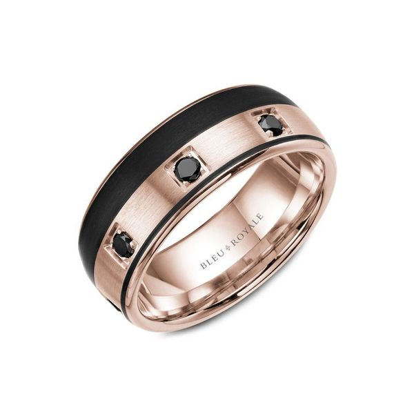 Bleu Royale rose gold mens band with black diamonds and carbon accents Roberts Jewelers Jackson, TN