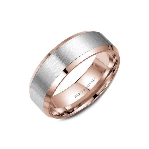 Bleu Royale rose and white gold beveled mens band Roberts Jewelers Jackson, TN