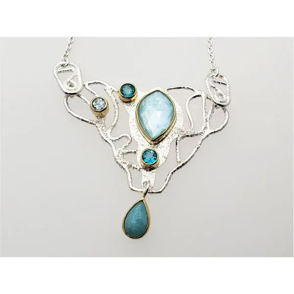 Sterling silver and vermeil necklace with amazonite with checkerd quartz, amazonite, paraiba topaz and sky blue topaz Roberts Jewelers Jackson, TN