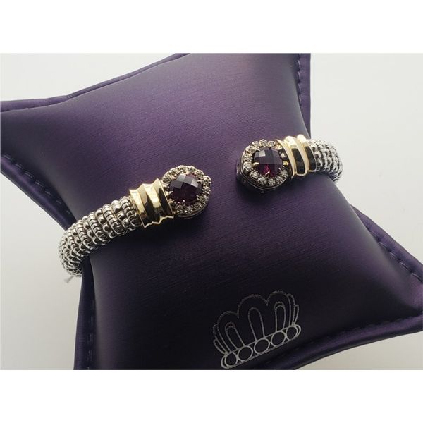 14k yellow gold and sterling silver open cuff bangle with garnet and diamond Roberts Jewelers Jackson, TN