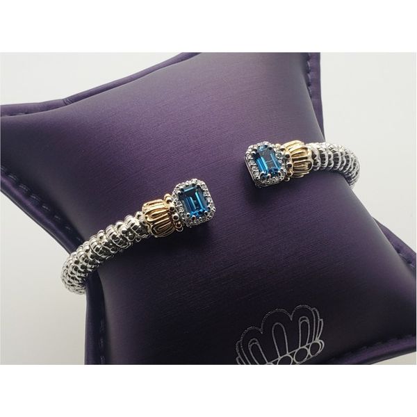 14k yellow gold and sterling silver open cuff bangle with blue topaz and diamonds Roberts Jewelers Jackson, TN