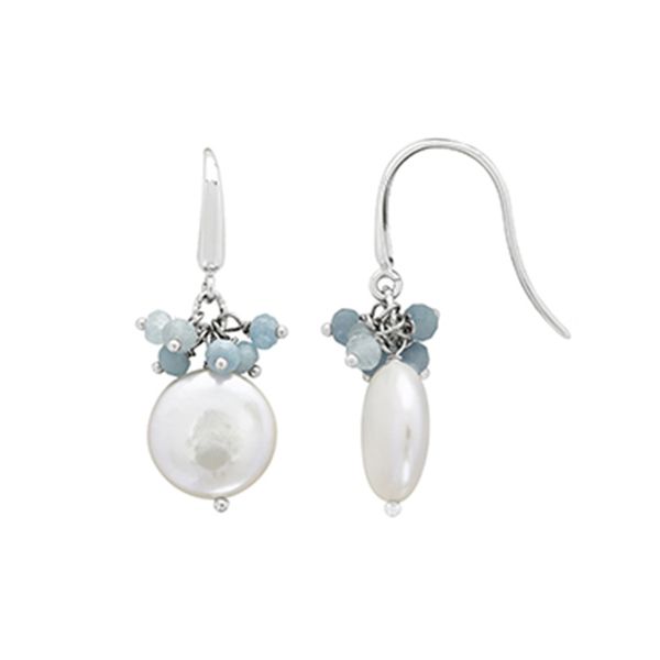 Sterling silver coin pearl and aquamarine earrings Roberts Jewelers Jackson, TN