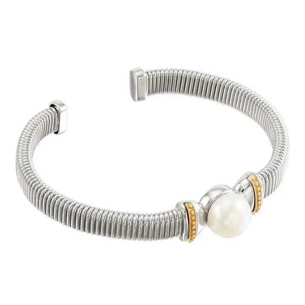 Sterling silver and 14k yellow gold cultured pearl open cuff bangle Roberts Jewelers Jackson, TN