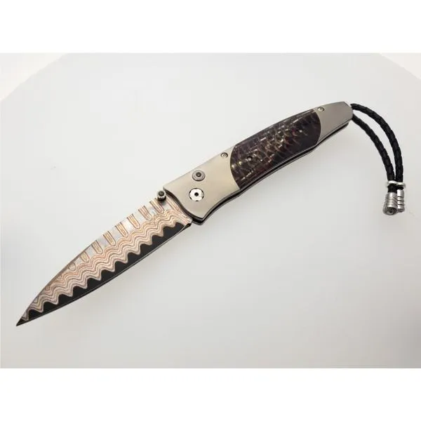 Lancet 'Scarlet Pine' pocket knife with Norway Blue Spruce Pine cone, wave damascus, and titanium Roberts Jewelers Jackson, TN