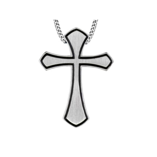 Pinstriped stainless steel cross pendant and chain Roberts Jewelers Jackson, TN
