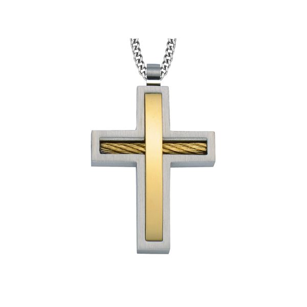 Two tone stainless steel cross pendant and chain Roberts Jewelers Jackson, TN
