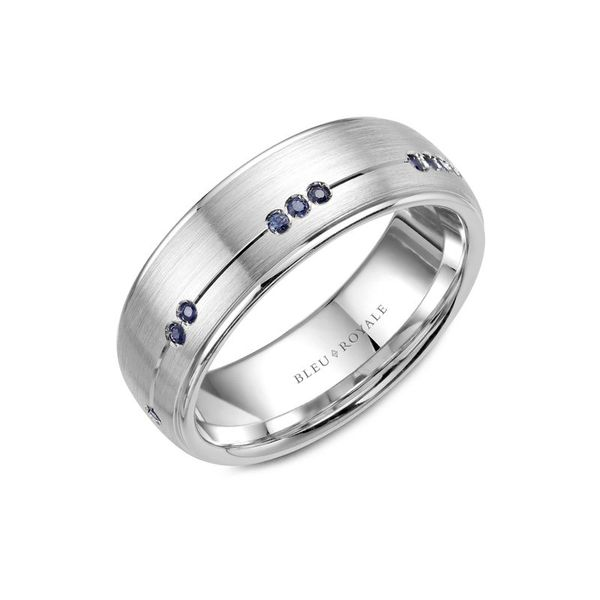 Bleu Royale white gold mens band with brush finish and sapphires Roberts Jewelers Jackson, TN