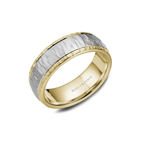 Bleu Royale yellow gold mens band with white gold textured center Roberts Jewelers Jackson, TN