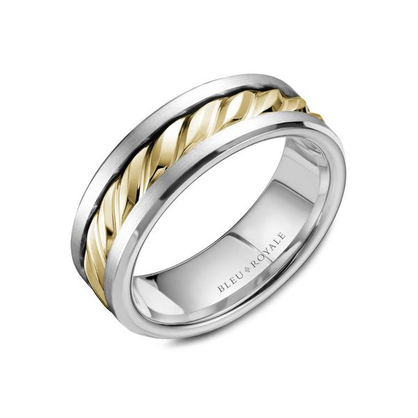 Bleu Royale white gold mens band with yellow gold textured center Roberts Jewelers Jackson, TN