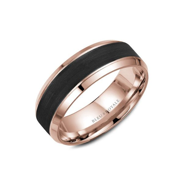 Bleu Royale rose gold mens band with black carbon and beveled edge Roberts Jewelers Jackson, TN