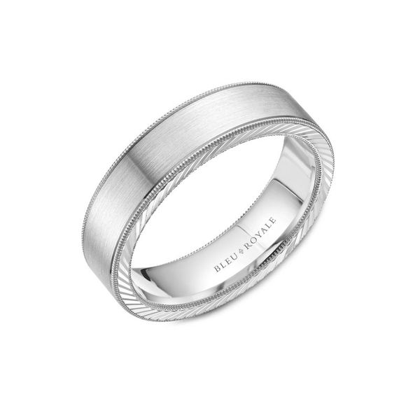 Brushed white gold mens band with textured edge and milgrain Roberts Jewelers Jackson, TN