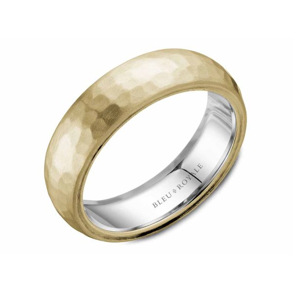 Two tone mens band with yellow gold hammered finish Roberts Jewelers Jackson, TN