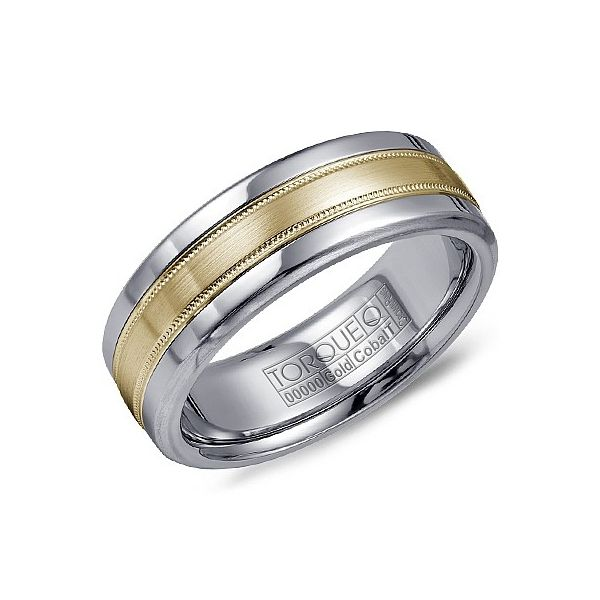 14k yellow gold and cobalt mens band with sandpaper center and polished bevel edge Roberts Jewelers Jackson, TN