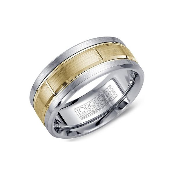 White cobalt mens band with brushed yellow gold center Roberts Jewelers Jackson, TN