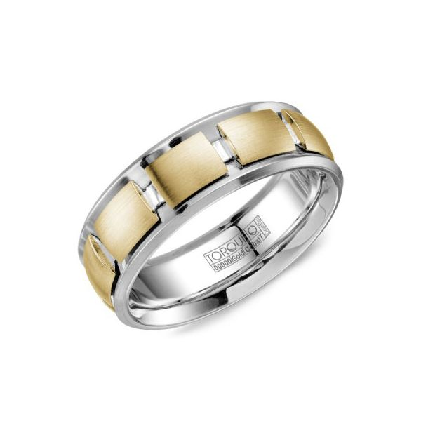 14k yellow gold and white cobalt mens band with center sandpaper finish plates Roberts Jewelers Jackson, TN