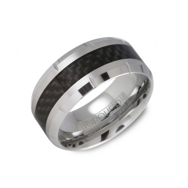Gray tungsten and carbon fibre mens band with bevel edge design Roberts Jewelers Jackson, TN