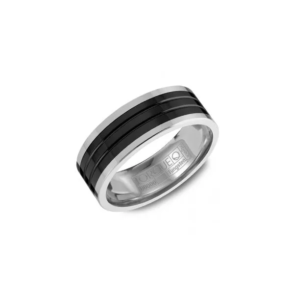 Tungsten mens band with black ceramic center inlay and line detailing Roberts Jewelers Jackson, TN