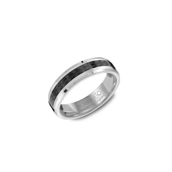Tungsten mens band with carbon fibre inlay and beveled edge Roberts Jewelers Jackson, TN