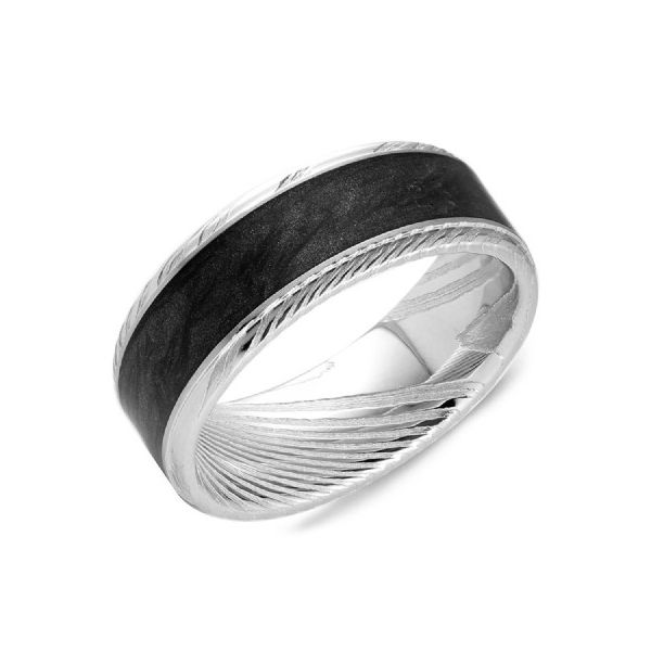 Black and white damascus steel mens band with sandpaper center and polish edge Roberts Jewelers Jackson, TN