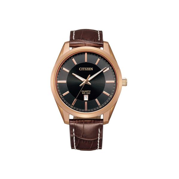 Rose tone quartz watch with brown leather band Roberts Jewelers Jackson, TN