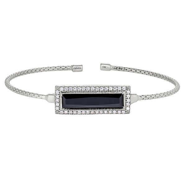 Rhodium finish sterling silver bracelet with rectangular simulated onyx and simulated diamonds Roberts Jewelers Jackson, TN