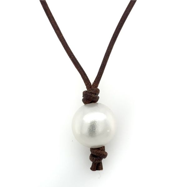 Button Pearl Drop on Brown Leather Simones Jewelry, LLC Shrewsbury, NJ