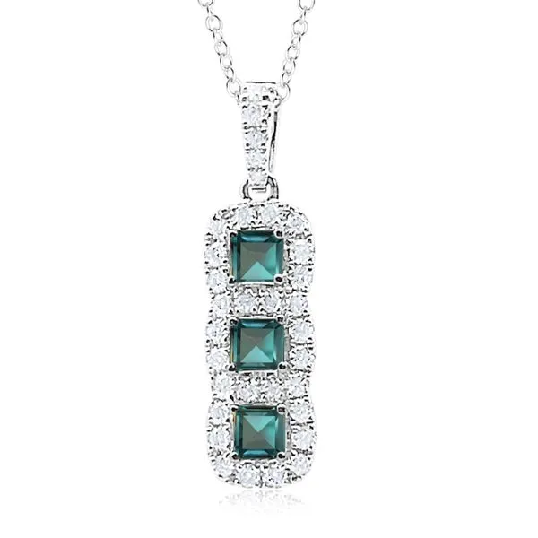 14KT Gold White 3 Stone Alexandrite & Diamond Bar Necklace with 3 Princess Cut Alexandrites .49tcw Surrounded by a Diamond Cushion Halo Setting .33tcw Steve Lennon & Co Jewelers  New Hartford, NY