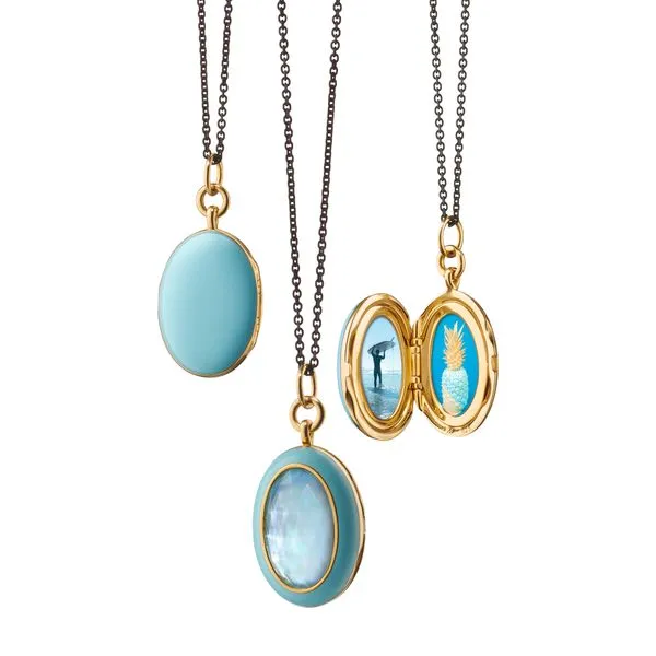 Monica Rich Kosann Sterling Silver and 18K Yellow Gold Vermeil 0.91” Oval Locket with Blue Enamel and Blue Topaz over Mother o Steve Lennon & Co Jewelers  New Hartford, NY