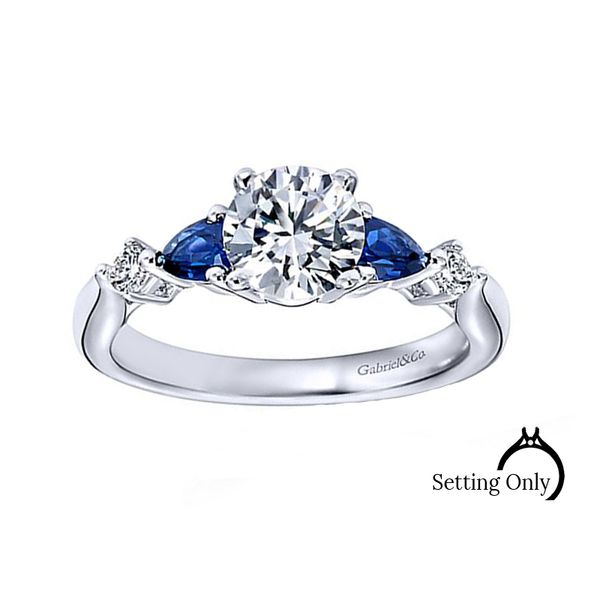 14K White Gold Round Three Stone Sapphire and Diamond Engagement Ring 