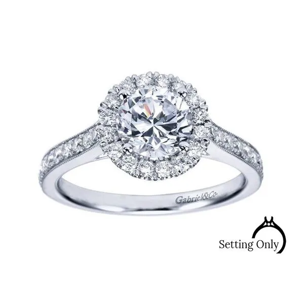 Vintage Inspired 14K White Gold Round Halo Diamond Engagement Ring 