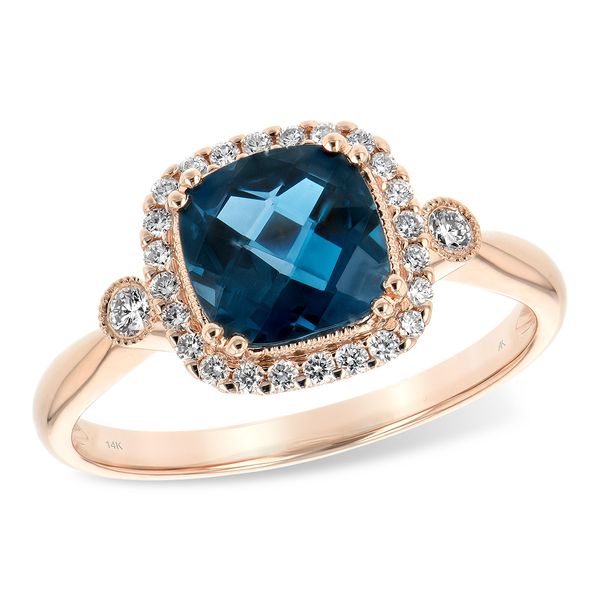 14kt Rose Gold London Blue Topaz and Diamond Ring Stambaugh Jewelers Defiance, OH