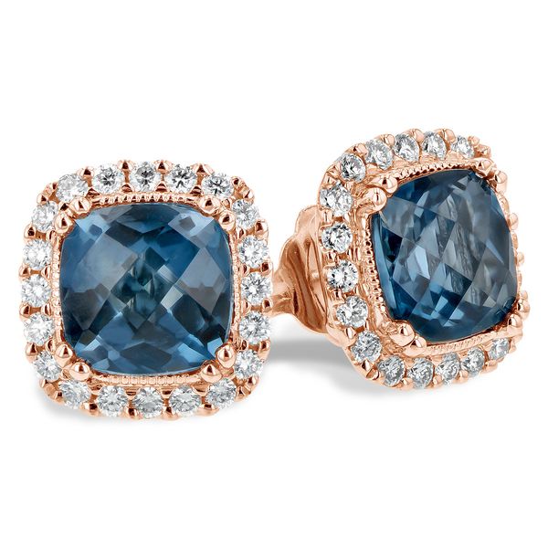 14 Karat Rose Gold London Blue Topaz and Diamond Button Earrings Stambaugh Jewelers Defiance, OH