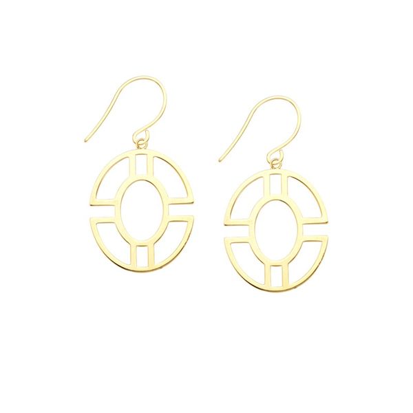 14K Yellow Gold Round Molded Geometric Frame Dangle Earrings SVS Fine Jewelry Oceanside, NY