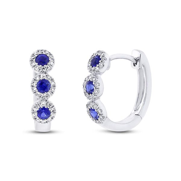 White Gold, Sapphire, & Diamond Halo Huggies SVS Fine Jewelry Oceanside, NY