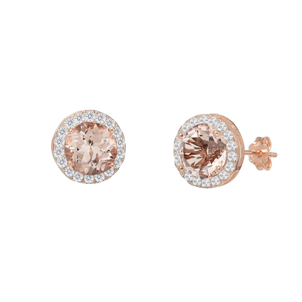 14k Rose Gold, Diamond and Morganite Round Halo Earrings 1.50Cttw. SVS Fine Jewelry Oceanside, NY