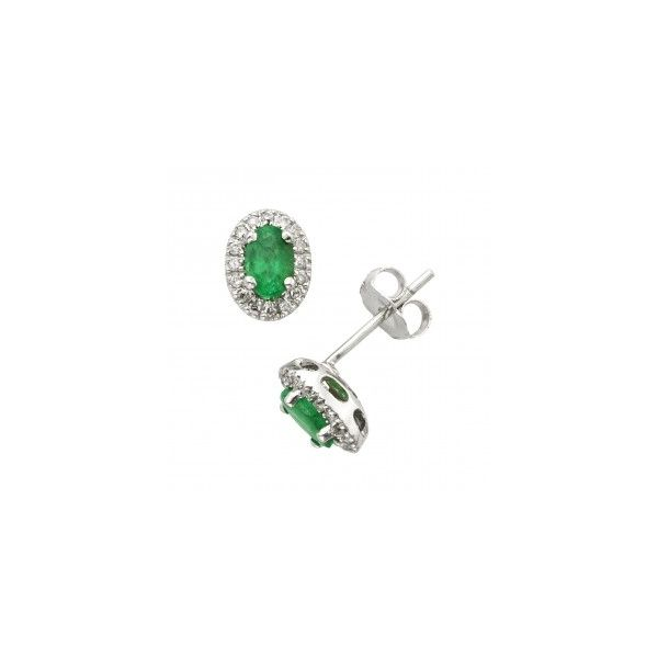 14k White Gold, Diamond and Emerald Oval Halo Stud Earrings 0.96Cttw SVS Fine Jewelry Oceanside, NY