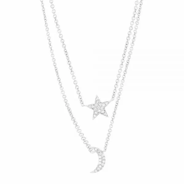 14K White Gold and Diamond Pave Star and Crescent Moon Necklace SVS Fine Jewelry Oceanside, NY