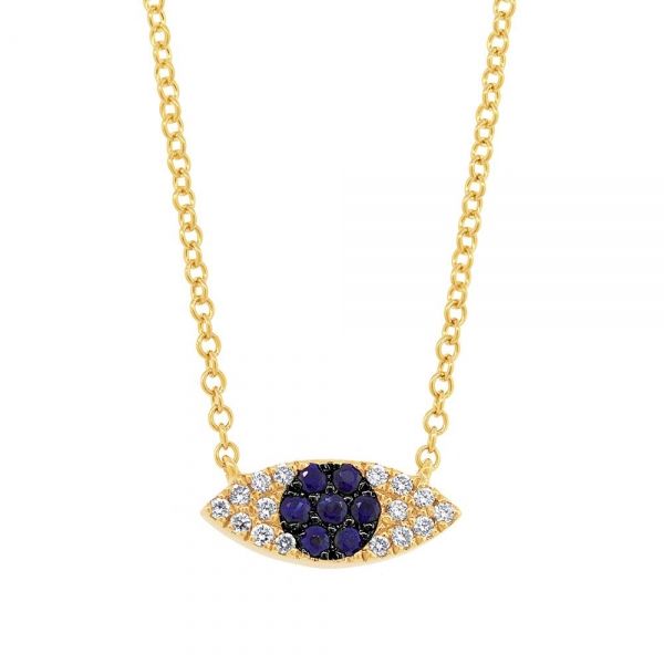 14K Yellow Gold, Sapphire and Diamond Evil Eye Necklace SVS Fine Jewelry Oceanside, NY
