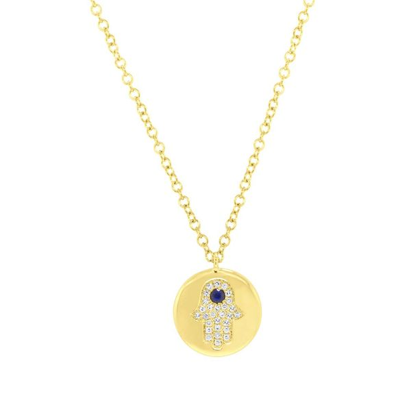 14K Yellow Gold, Sapphire and Diamond Hamsa Necklace SVS Fine Jewelry Oceanside, NY