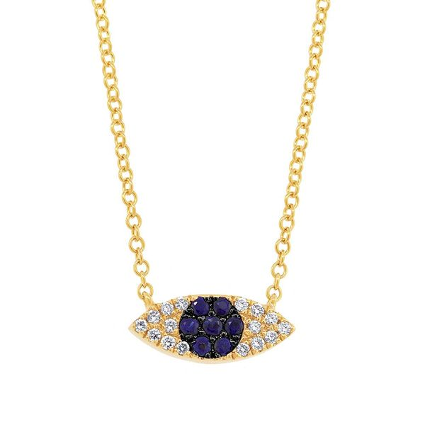 14K Yellow Gold, Sapphire and Diamond Evil Eye Necklace SVS Fine Jewelry Oceanside, NY