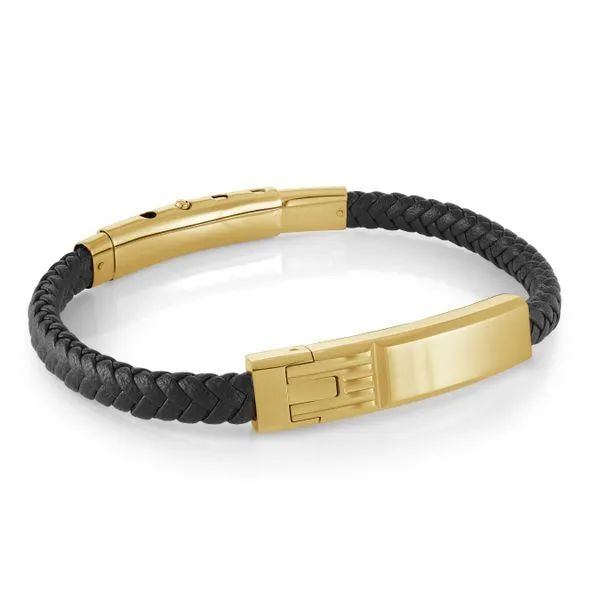 Men's Black Leather & Gold IP Steel Bracelet SVS Fine Jewelry Oceanside, NY