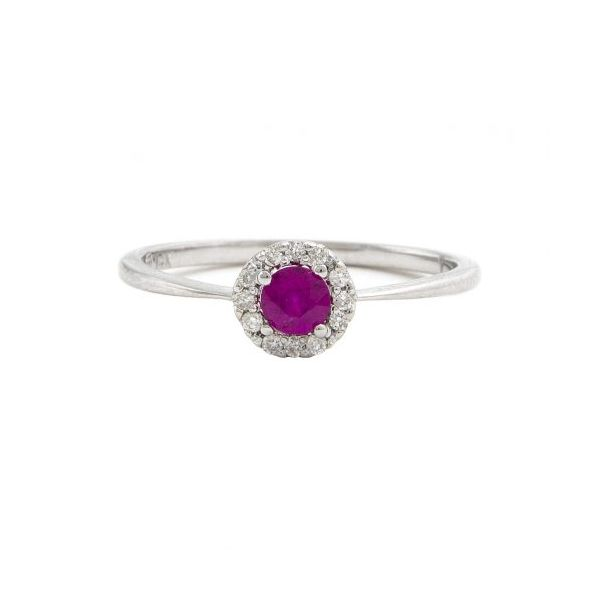 14k White Gold, Ruby and Diamond Halo Fashion Ring 0.28Cttw SVS Fine Jewelry Oceanside, NY