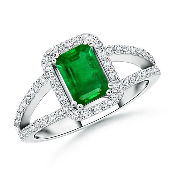 14k White Gold, Diamond and Emerald Halo Split Shank Engagement ring 0.74Cttw SVS Fine Jewelry Oceanside, NY