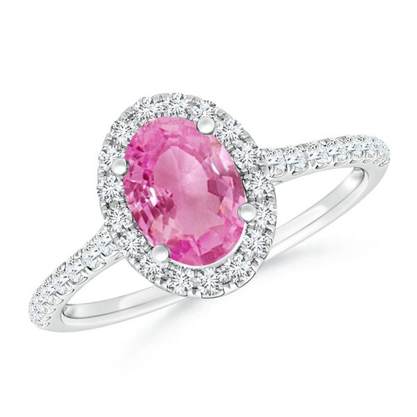 White Gold, Diamond and Oval Pink Sapphire Halo Engagement Ring SVS Fine Jewelry Oceanside, NY