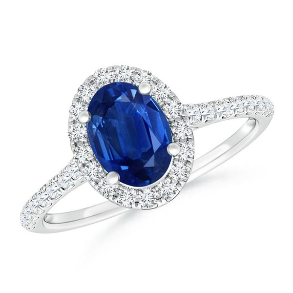 14k White Gold, Diamond and Oval Sapphire Halo Engagement ring 0.66Cttw SVS Fine Jewelry Oceanside, NY