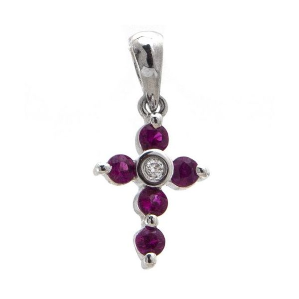 14k White Gold, Ruby and Diamond Cross Pendant 0.25Cttw SVS Fine Jewelry Oceanside, NY