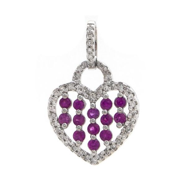 14k White Gold, Ruby and Diamond Heart Pendant 0.39Cttw SVS Fine Jewelry Oceanside, NY
