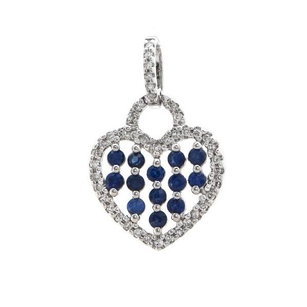 14k White Gold, Sapphire and Diamond Heart Pendant 0.39Cttw SVS Fine Jewelry Oceanside, NY