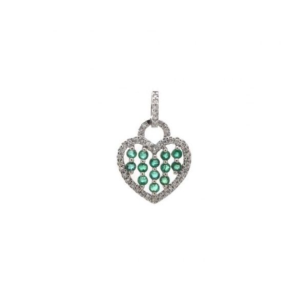 14k White Gold, Emerald and Diamond Heart Pendant 0.43Cttw SVS Fine Jewelry Oceanside, NY